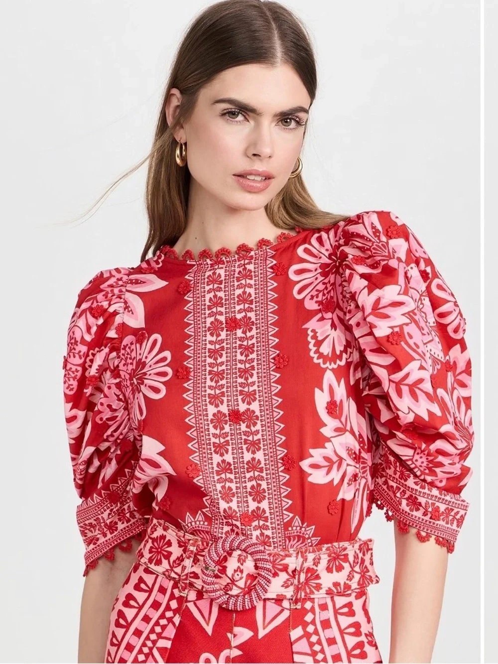 FARM RIO Flora Tapestry Appliqué Puff Sleeve Red Beaded Button Back Blouse XS S